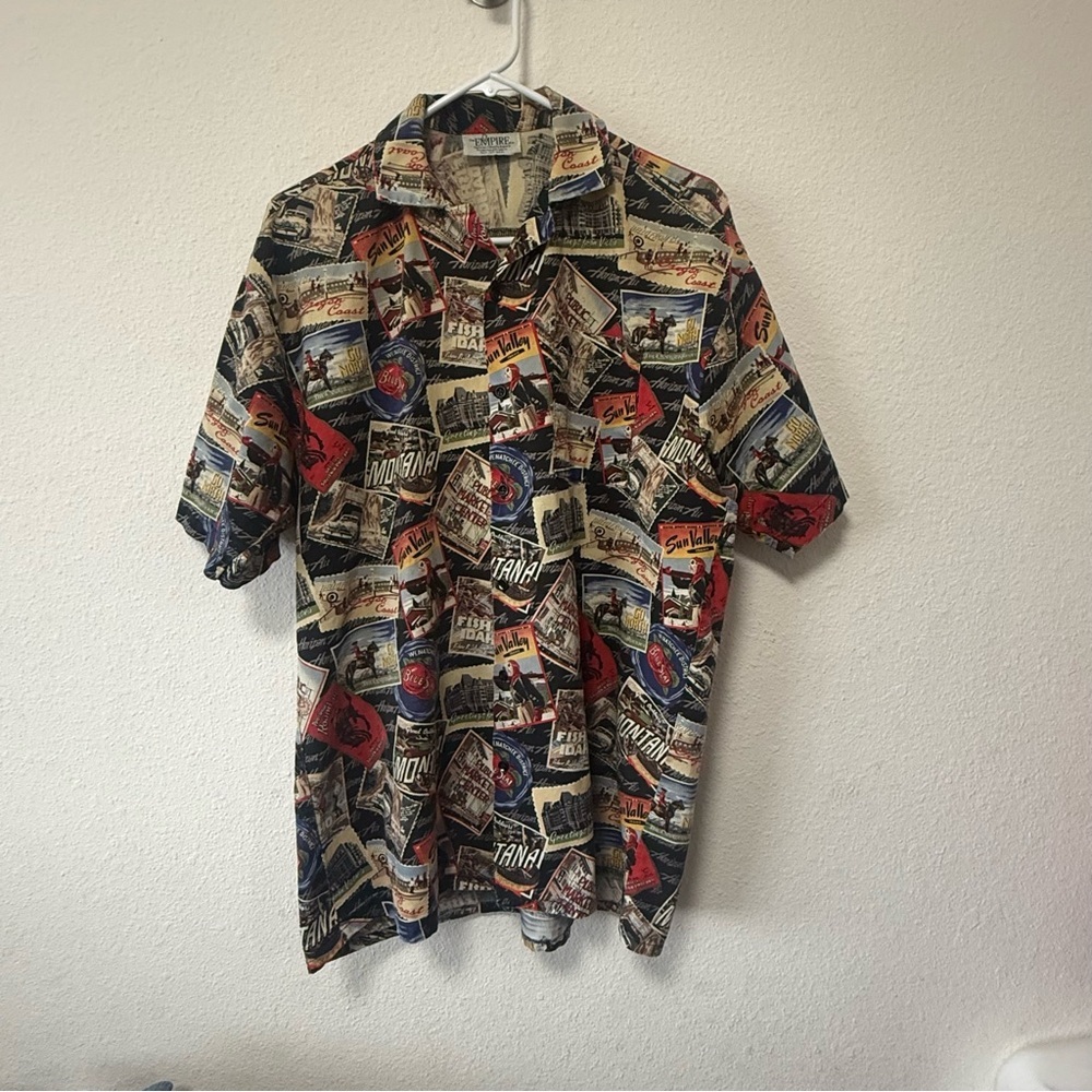 Vintage Graphic Travel Logo Men's Button Down Shirt The Empire Sz Large